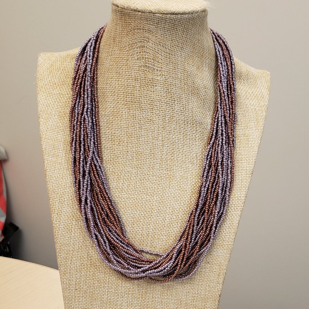 Mauve, pink, purple glass sea bead, multi strand multi layer toggle necklace